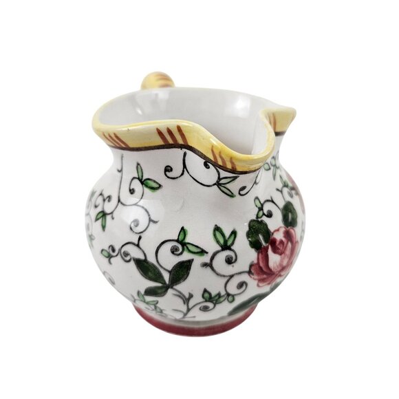 Vintage Early Provincial Hand Painted Ceramic Creamer Pitcher Roosters Roses - Picture 4 of 10